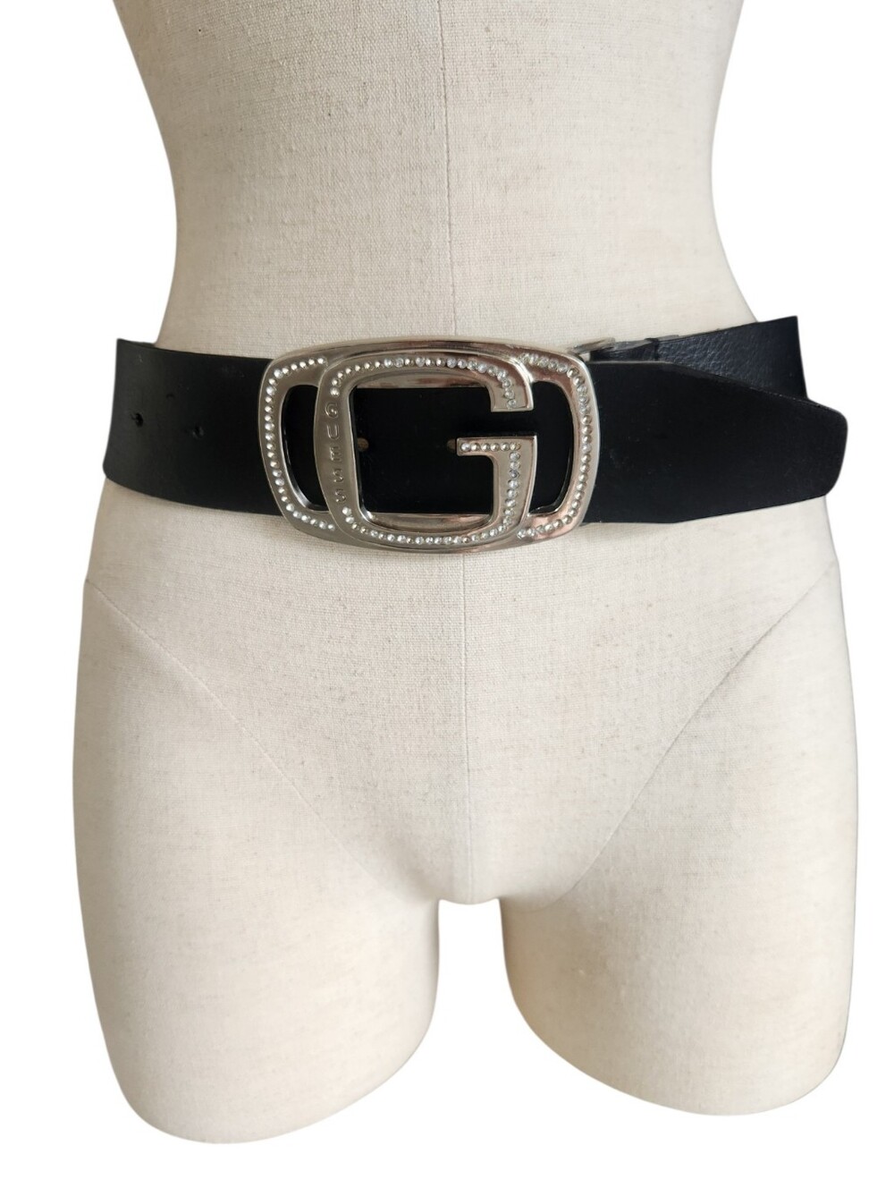 Guess Genuine Leather Belt Big G Silver  Rhinestone Buckle Size Medium